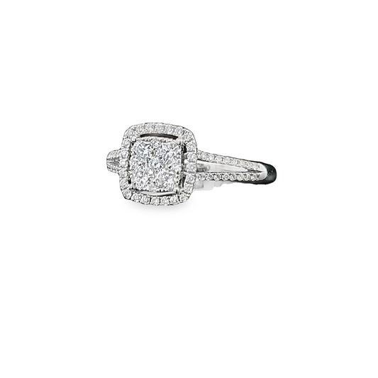 Natural Diamond Halo Cluster 18ct White Gold Ring with Diamond Split Shoulders
