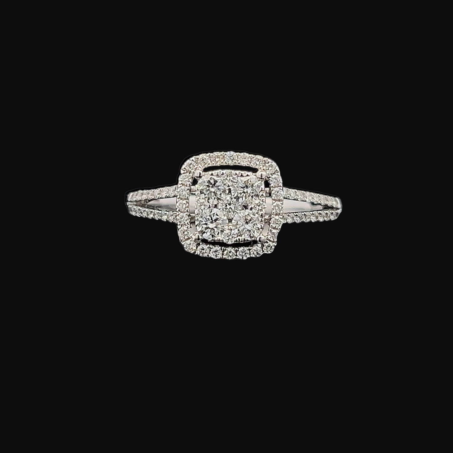 Natural Diamond Halo Cluster 18ct White Gold Ring with Diamond Split Shoulders