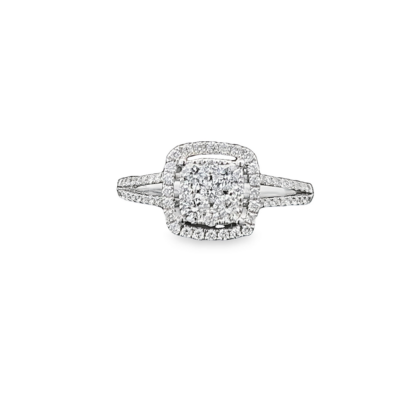 Natural Diamond Halo Cluster 18ct White Gold Ring with Diamond Split Shoulders