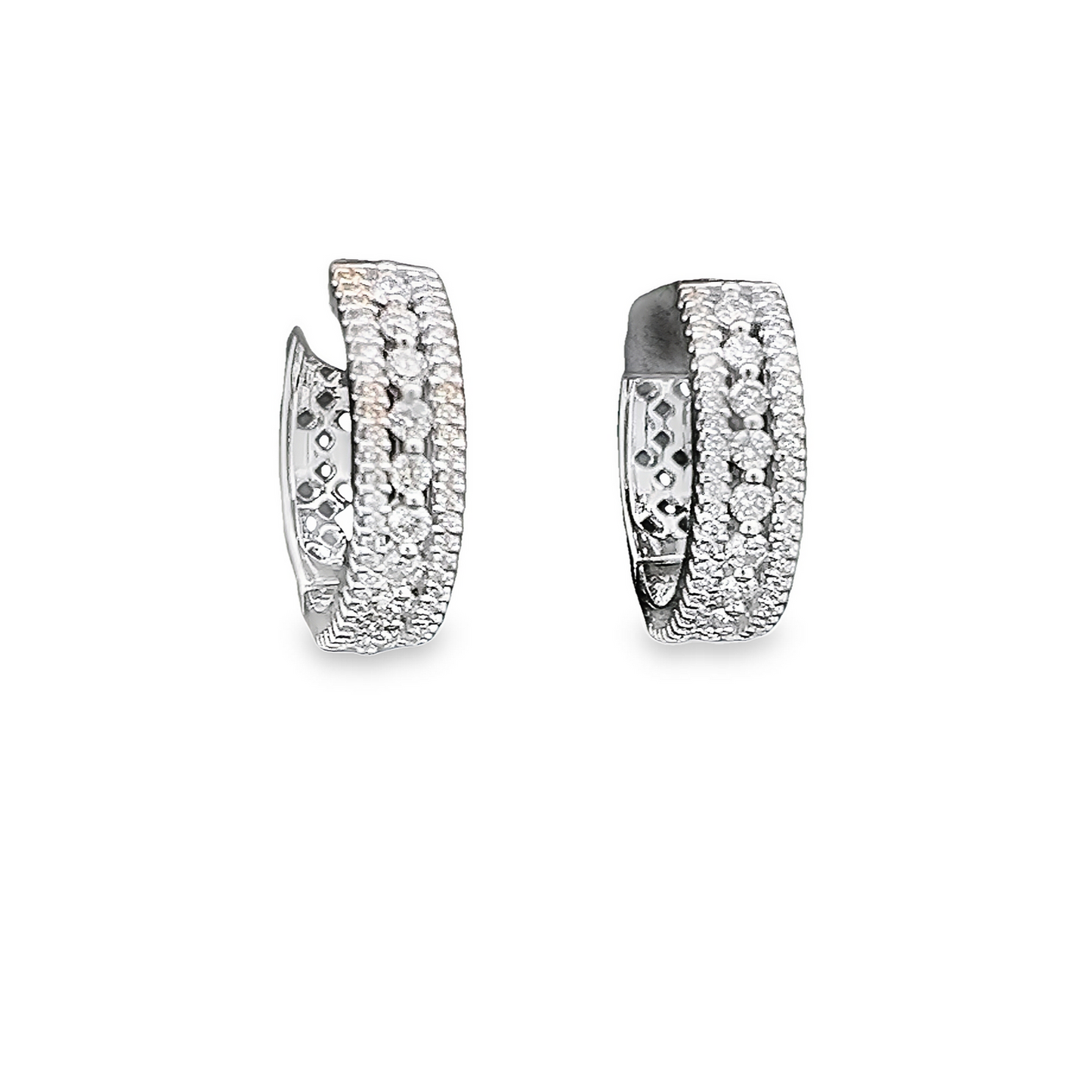 Contemporary Three Row Natural Diamond 18ct White Pave Set Hoop Earrings