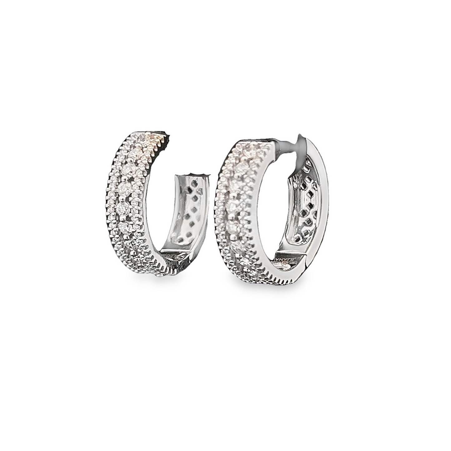 Contemporary Three Row Natural Diamond 18ct White Pave Set Hoop Earrings