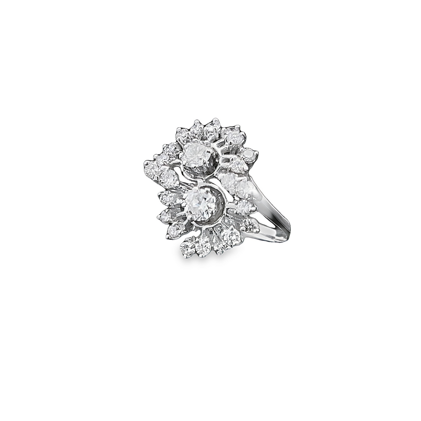 Vintage Diamond 18ct White Gold Double Cluster Cocktail Ring