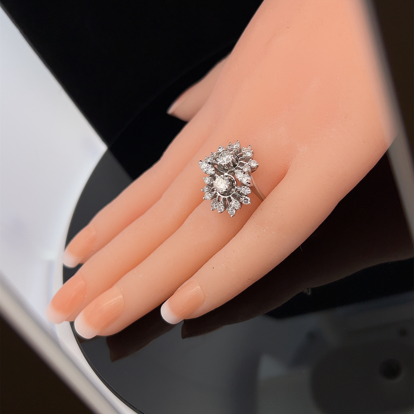 Vintage Diamond 18ct White Gold Double Cluster Cocktail Ring