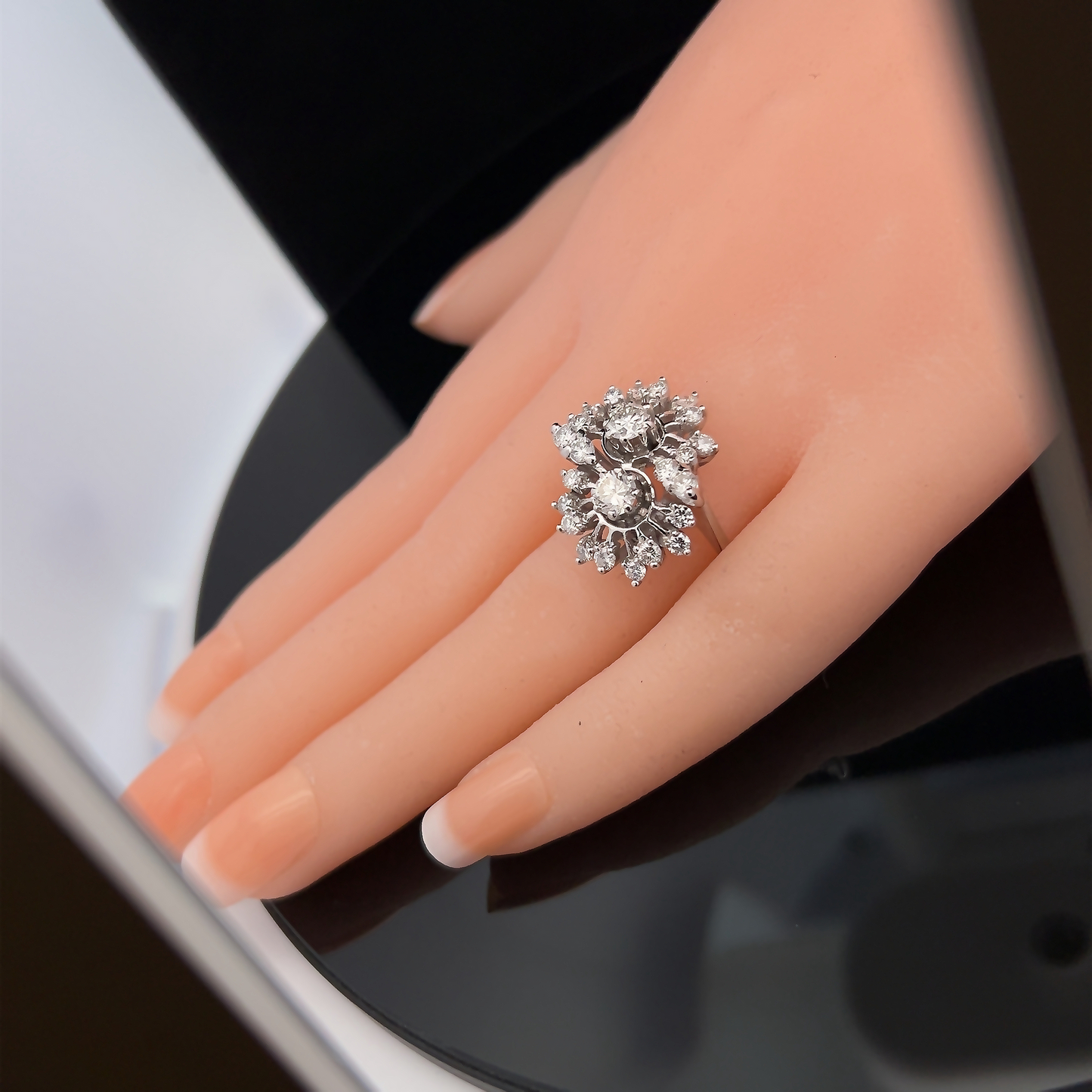 Vintage Diamond 18ct White Gold Double Cluster Cocktail Ring