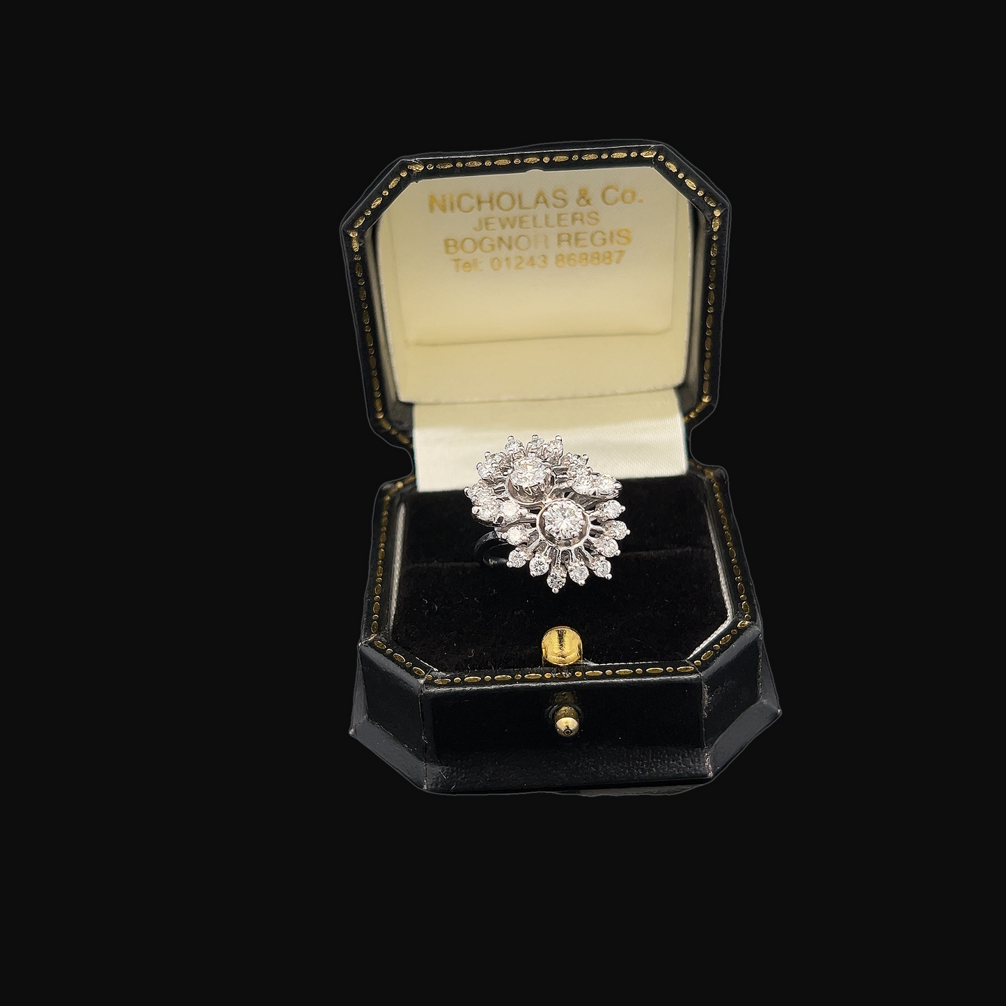 Vintage Diamond 18ct White Gold Double Cluster Cocktail Ring