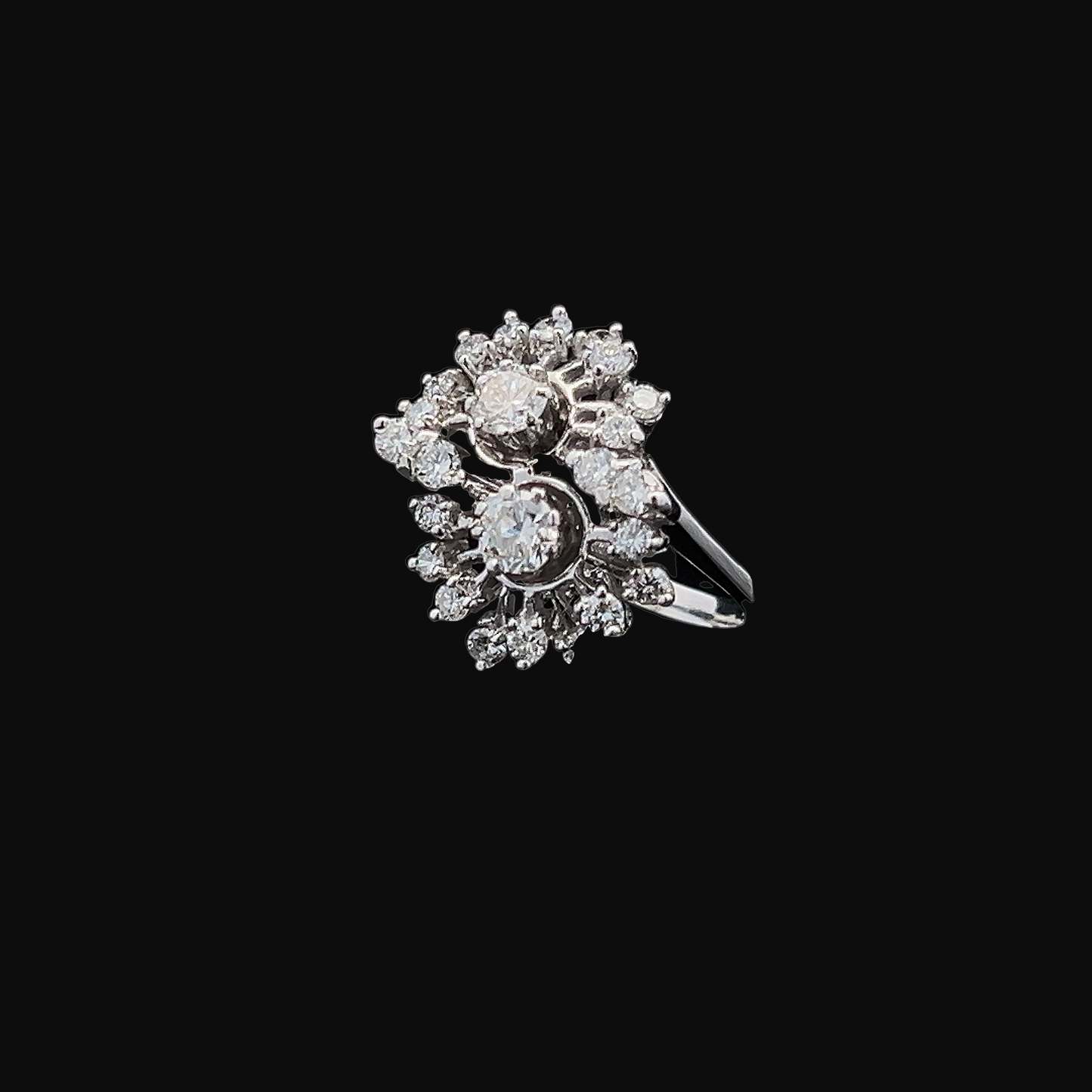 Vintage Diamond 18ct White Gold Double Cluster Cocktail Ring