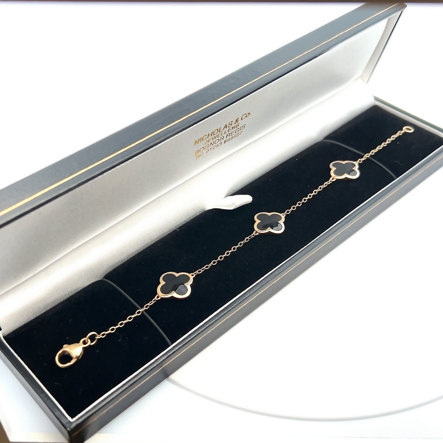 Preloved 9ct Yellow Gold Whitby Jet Bloom Four Leaf Clover Chain Bracelet