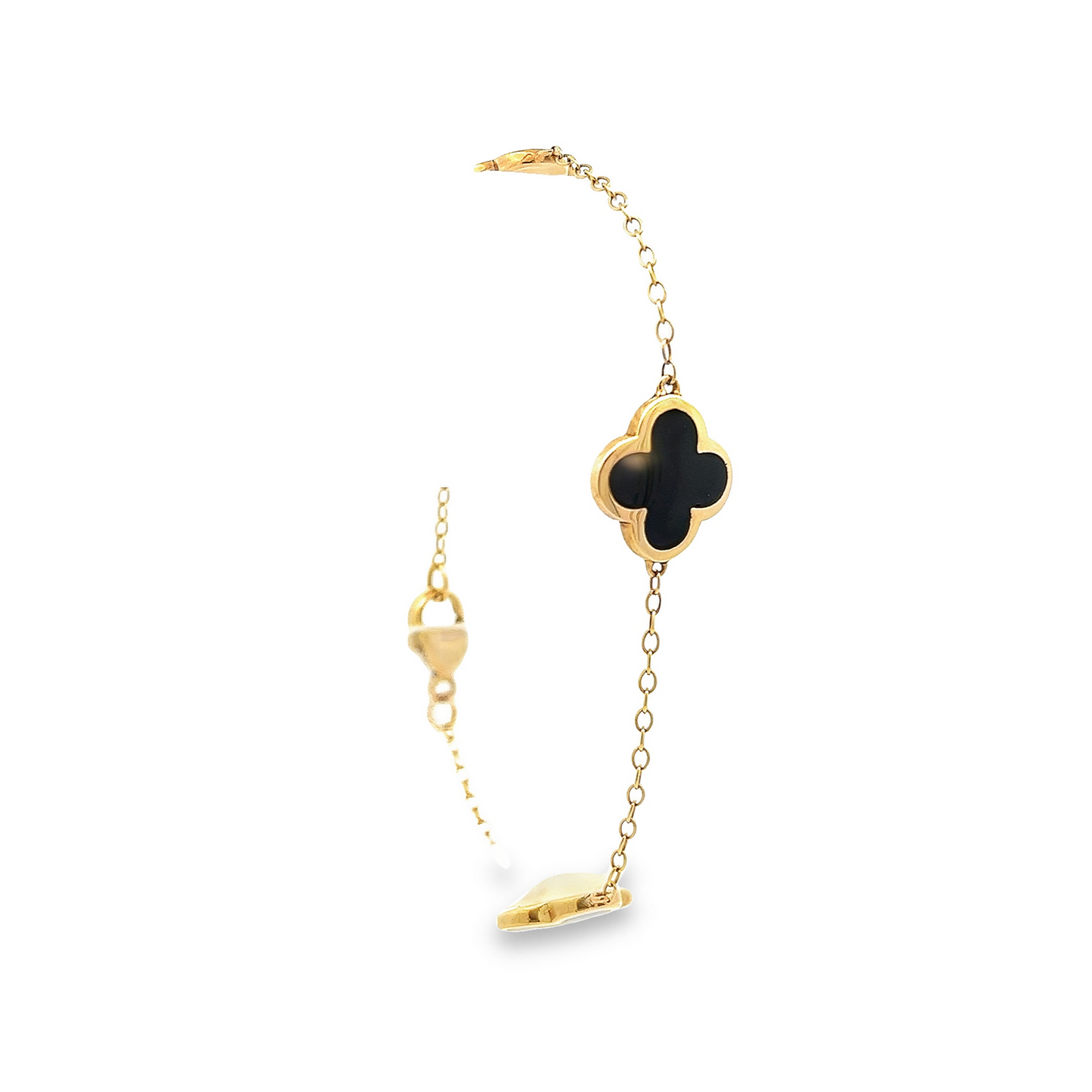 Preloved 9ct Yellow Gold Whitby Jet Bloom Four Leaf Clover Chain Bracelet