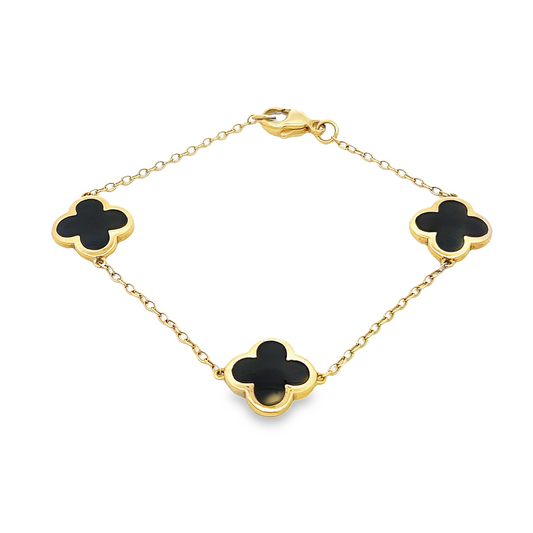 Preloved 9ct Yellow Gold Whitby Jet Bloom Four Leaf Clover Chain Bracelet