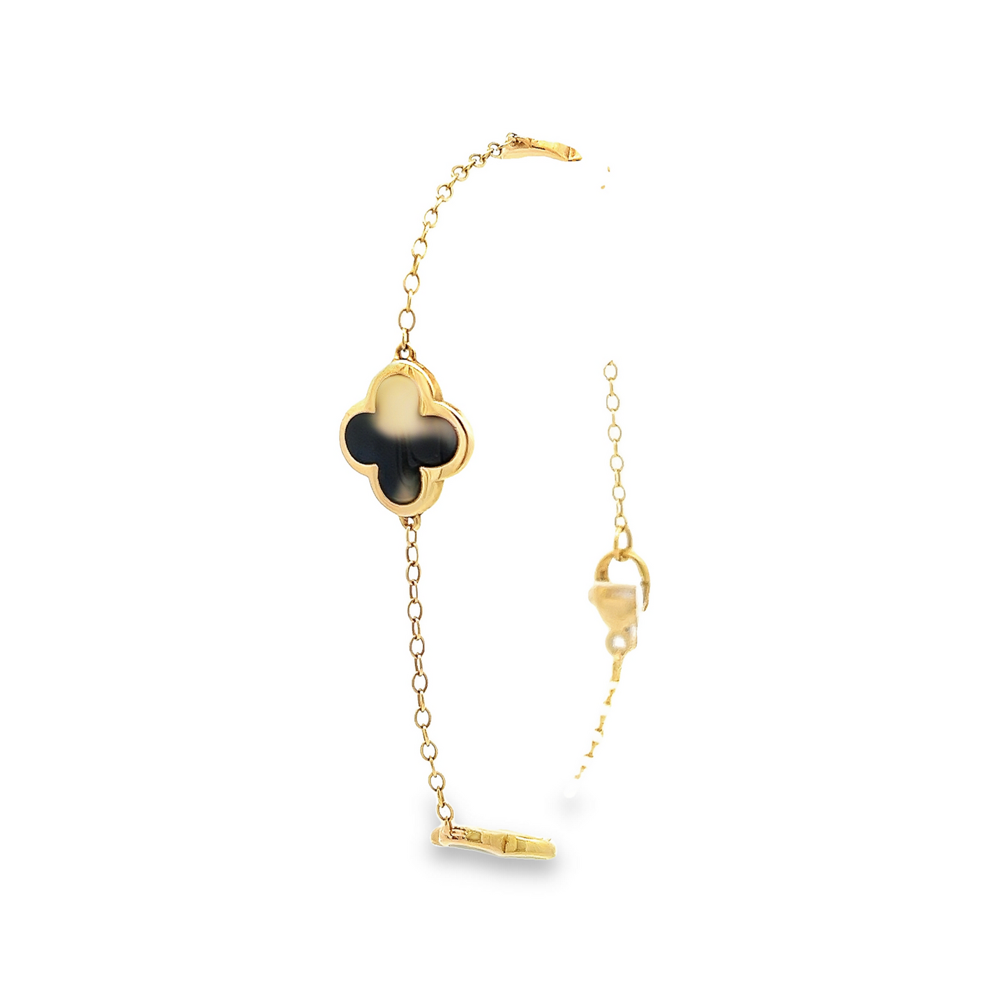 Preloved 9ct Yellow Gold Whitby Jet Bloom Four Leaf Clover Chain Bracelet