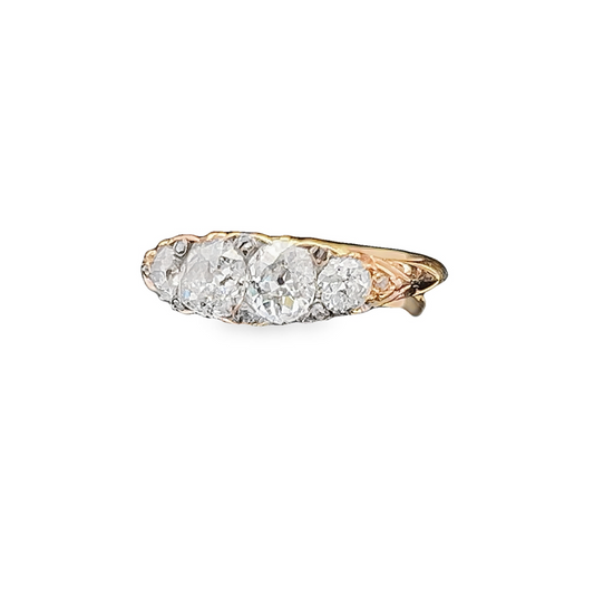 Antique Carved 4 Stone Old European Cut Diamond 18ct Gold Ring