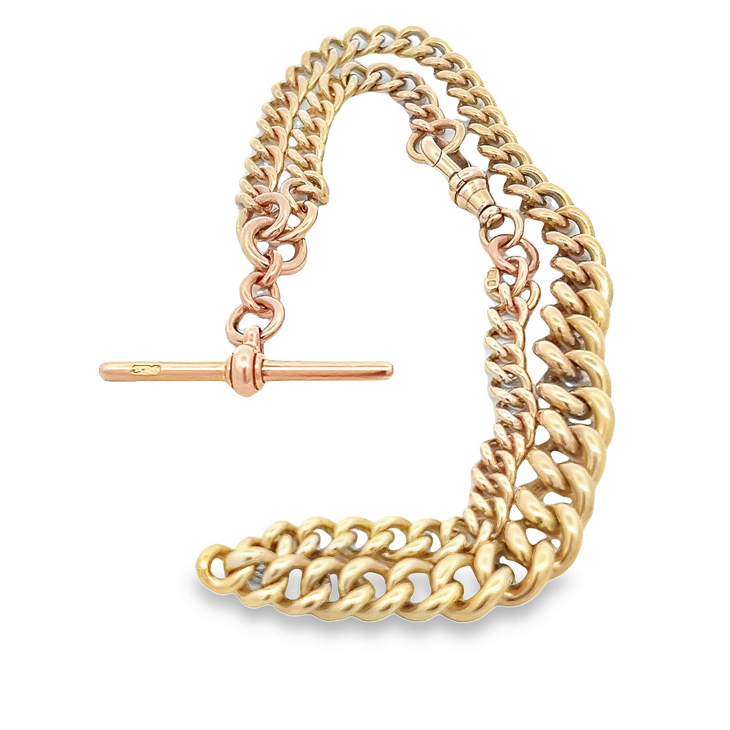 Antique Edwardian 9ct Gold Graduated Curb Link Albert Watch Chain with T-Bar