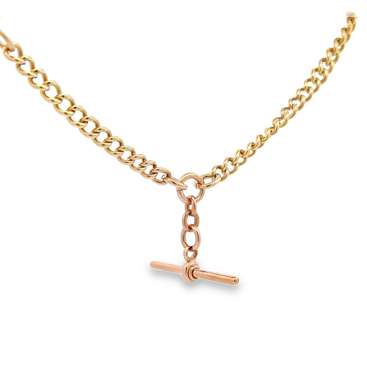 Antique Edwardian 9ct Gold Graduated Curb Link Albert Watch Chain with T-Bar