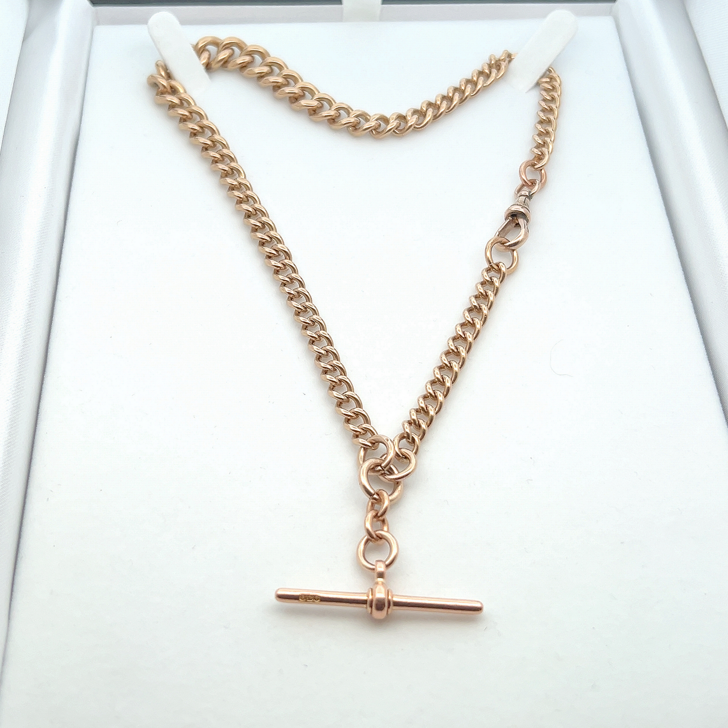 Antique Edwardian 9ct Gold Graduated Curb Link Albert Watch Chain with T-Bar