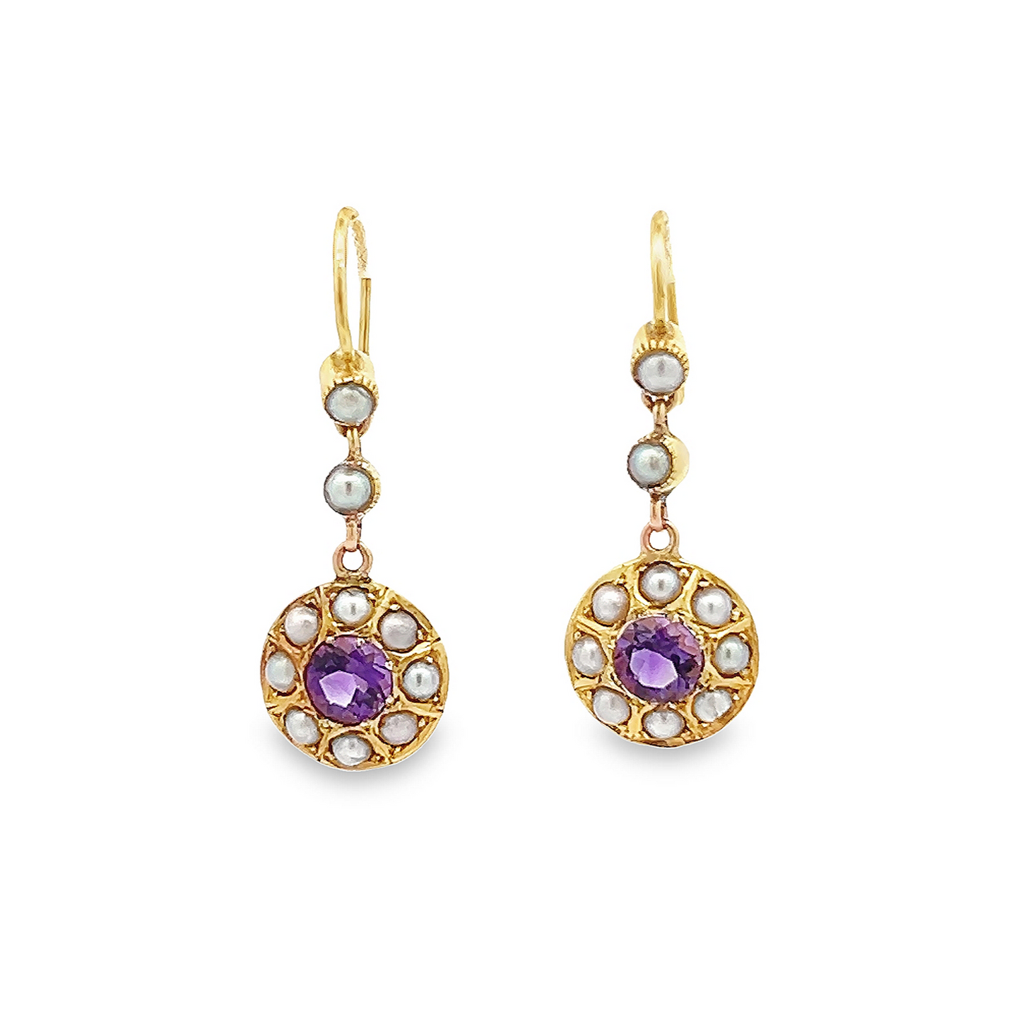 Antique Edwardian Amethyst and Natural Split Pearl 15ct Gold Drop Earrings