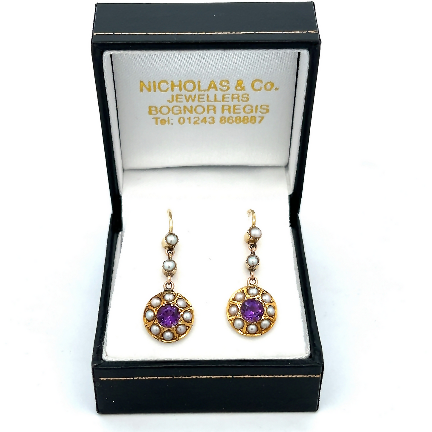 Antique Edwardian Amethyst and Natural Split Pearl 15ct Gold Drop Earrings