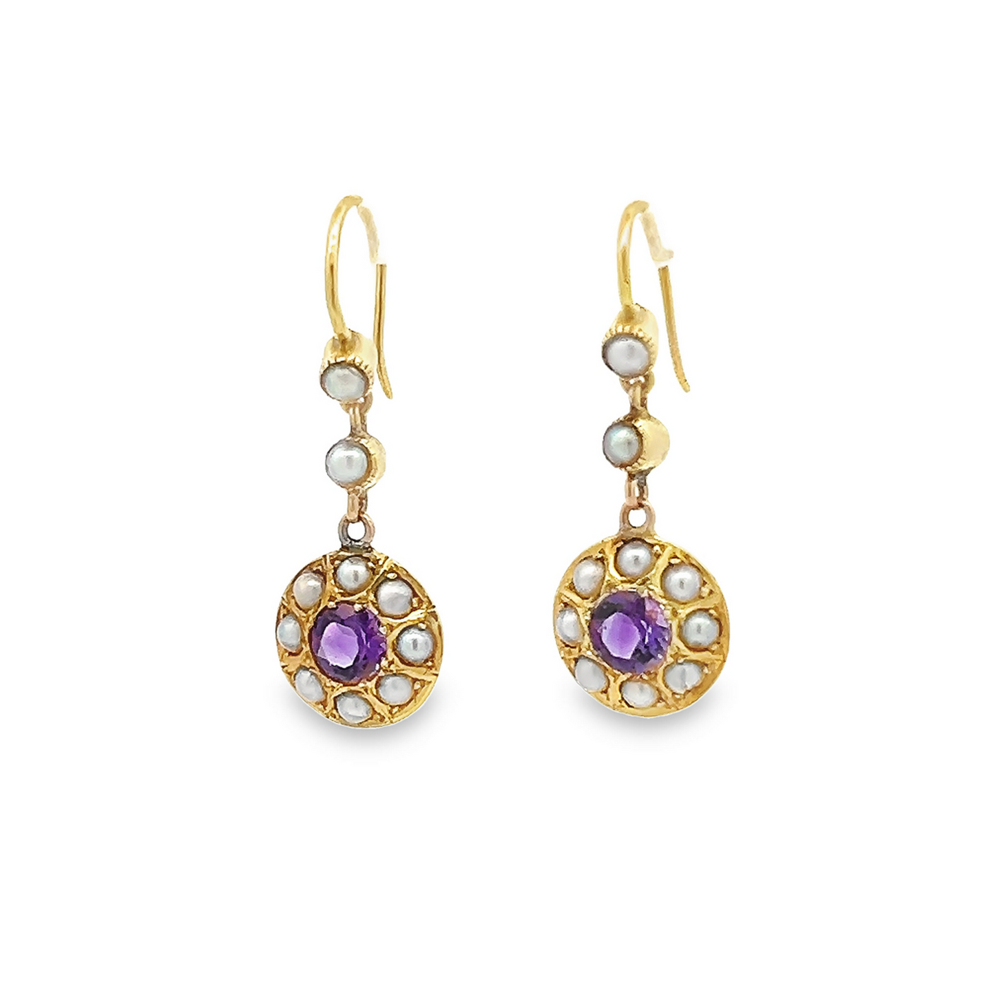 Antique Edwardian Amethyst and Natural Split Pearl 15ct Gold Drop Earrings