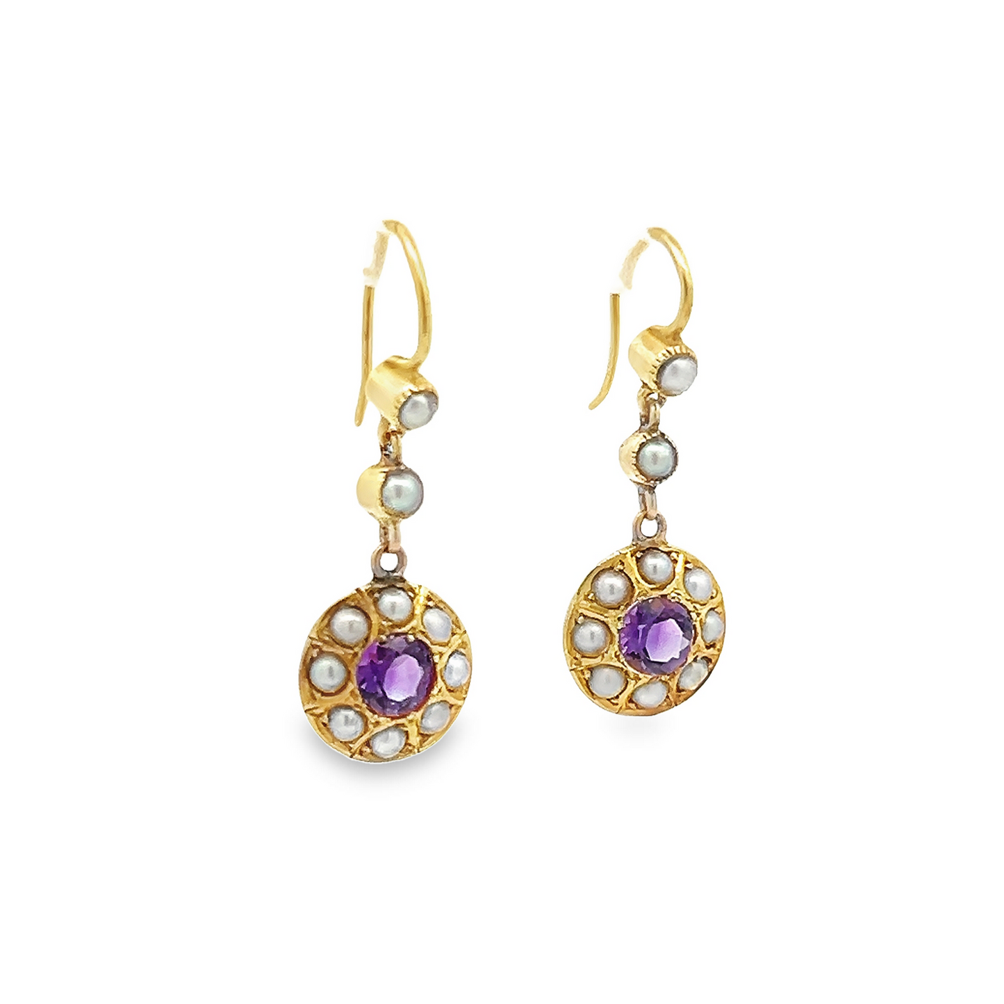 Antique Edwardian Amethyst and Natural Split Pearl 15ct Gold Drop Earrings