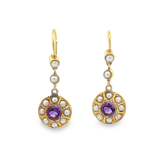 Antique Edwardian Amethyst and Natural Split Pearl 15ct Gold Drop Earrings