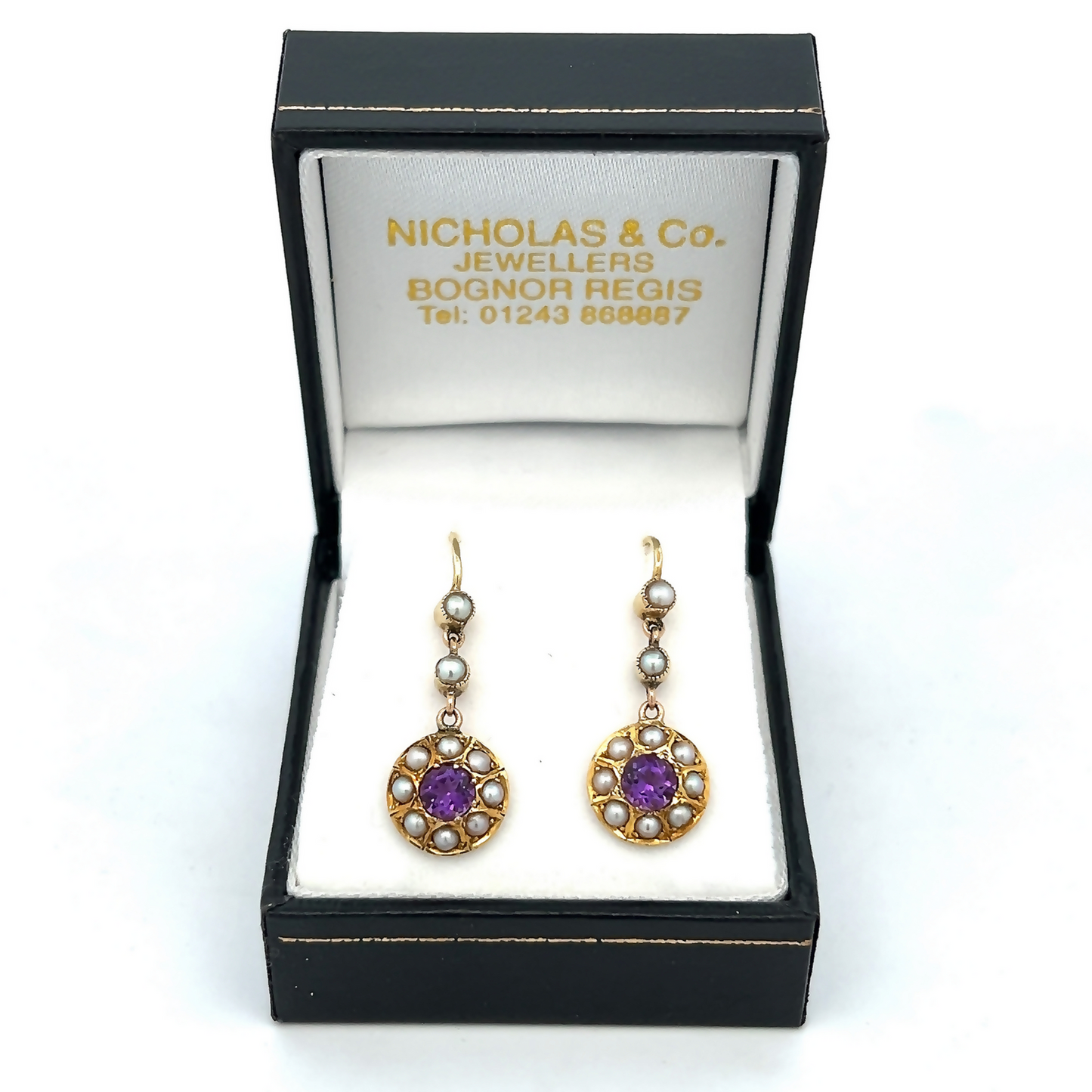 Antique Edwardian Amethyst and Natural Split Pearl 15ct Gold Drop Earrings