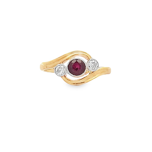 Antique Ruby and Diamond 18ct Gold and Platinum Trilogy Crossover Ring.