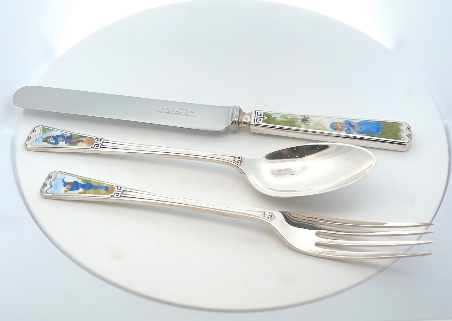 Antique Sterling Silver and Enamel Nursery Rhyme Boxed Christening Set