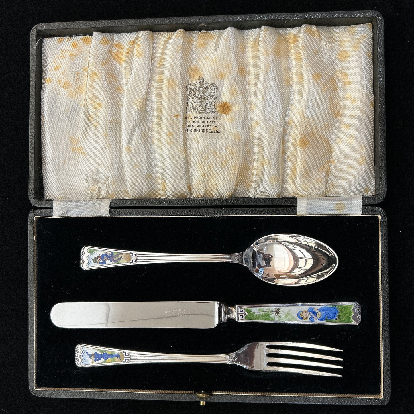 Antique Sterling Silver and Enamel Nursery Rhyme Boxed Christening Set