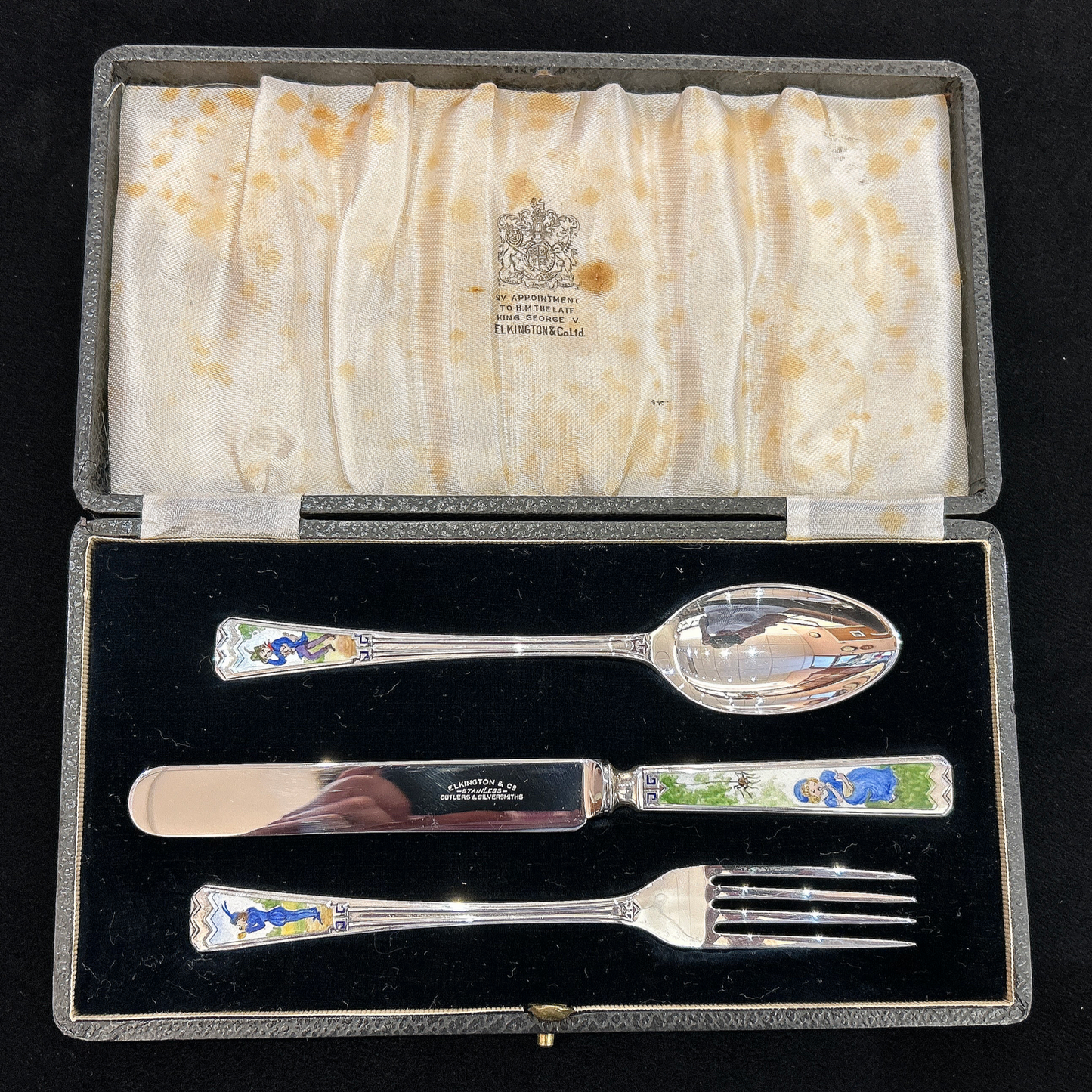 Antique Sterling Silver and Enamel Nursery Rhyme Boxed Christening Set