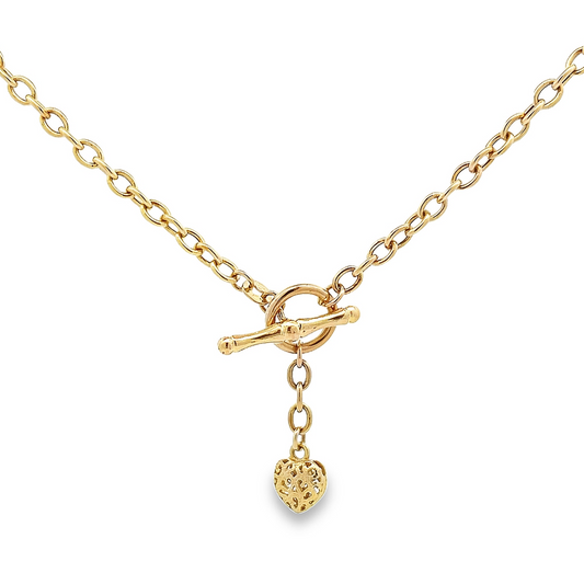 Vintage Oval Belcher Link 9ct Gold Puffy Heart and T-Bar Necklace