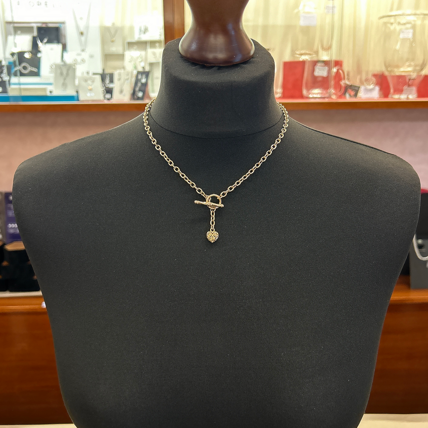 Vintage Oval Belcher Link 9ct Gold Puffy Heart and T-Bar Necklace
