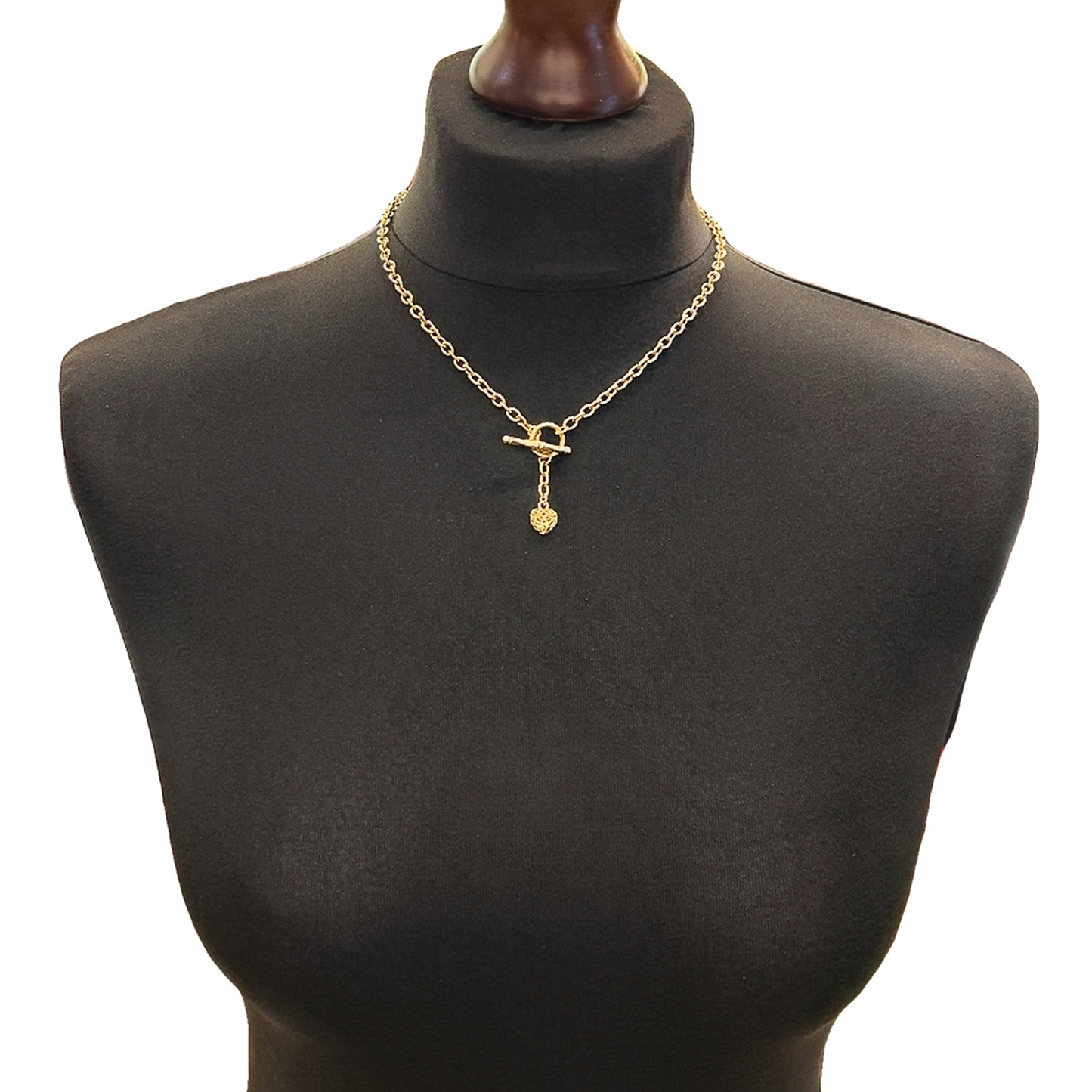 Vintage Oval Belcher Link 9ct Gold Puffy Heart and T-Bar Necklace
