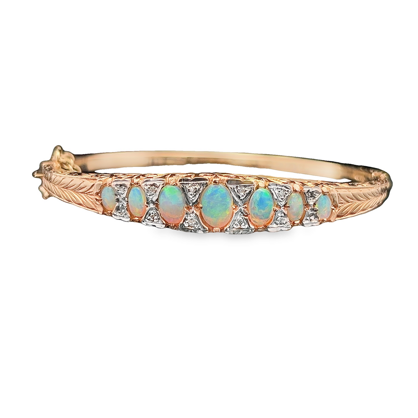 Vintage 9ct Gold Victorian Style Opal & Diamond Carved Bangle