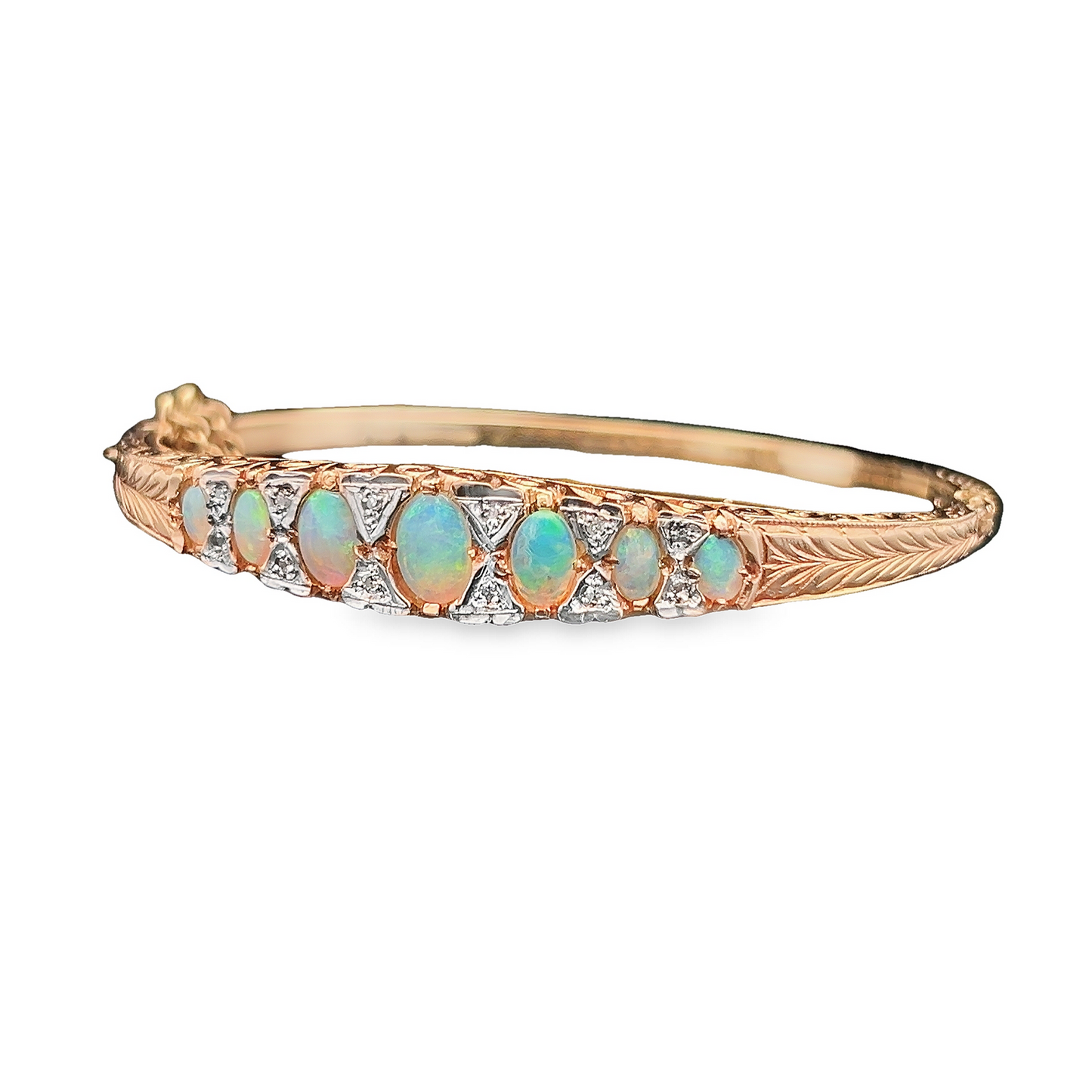 Vintage 9ct Gold Victorian Style Opal & Diamond Carved Bangle