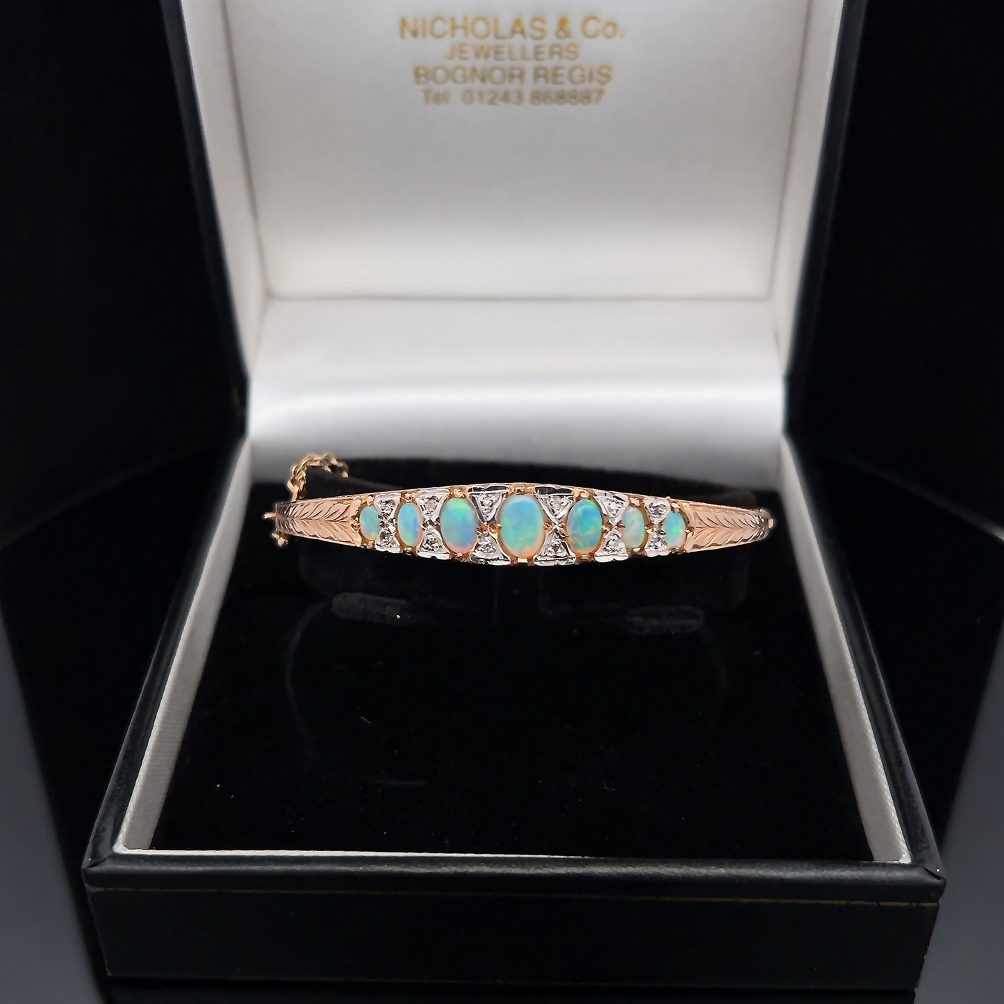 Vintage 9ct Gold Victorian Style Opal & Diamond Carved Bangle