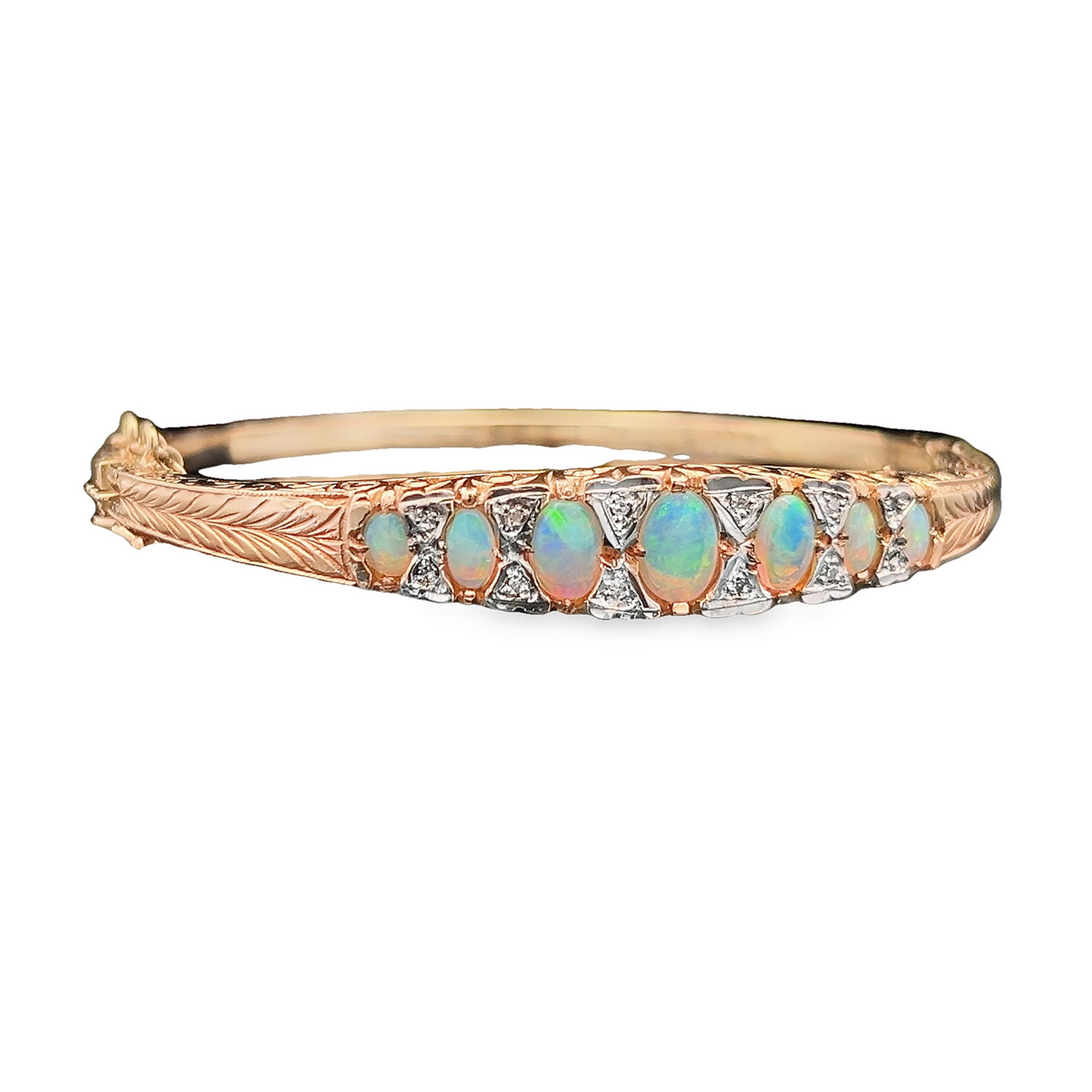 Vintage 9ct Gold Victorian Style Opal & Diamond Carved Bangle