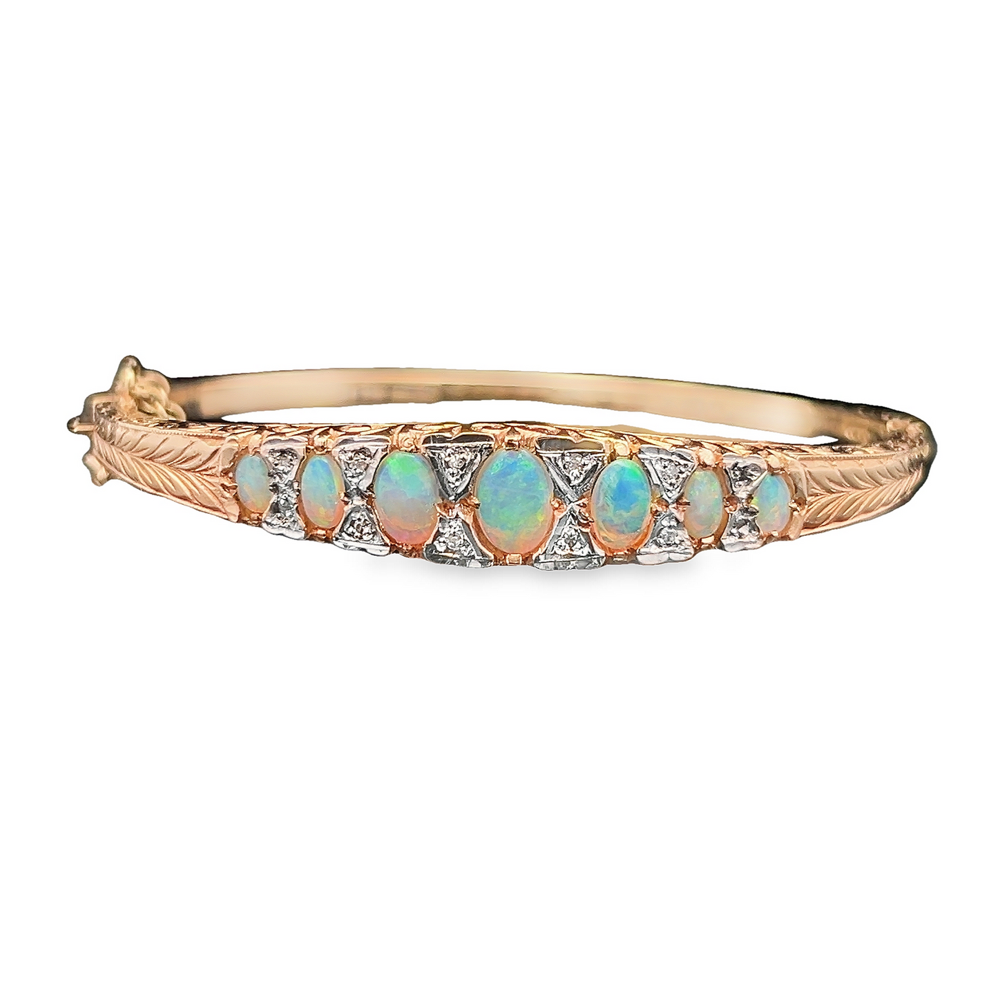 Vintage 9ct Gold Victorian Style Opal & Diamond Carved Bangle