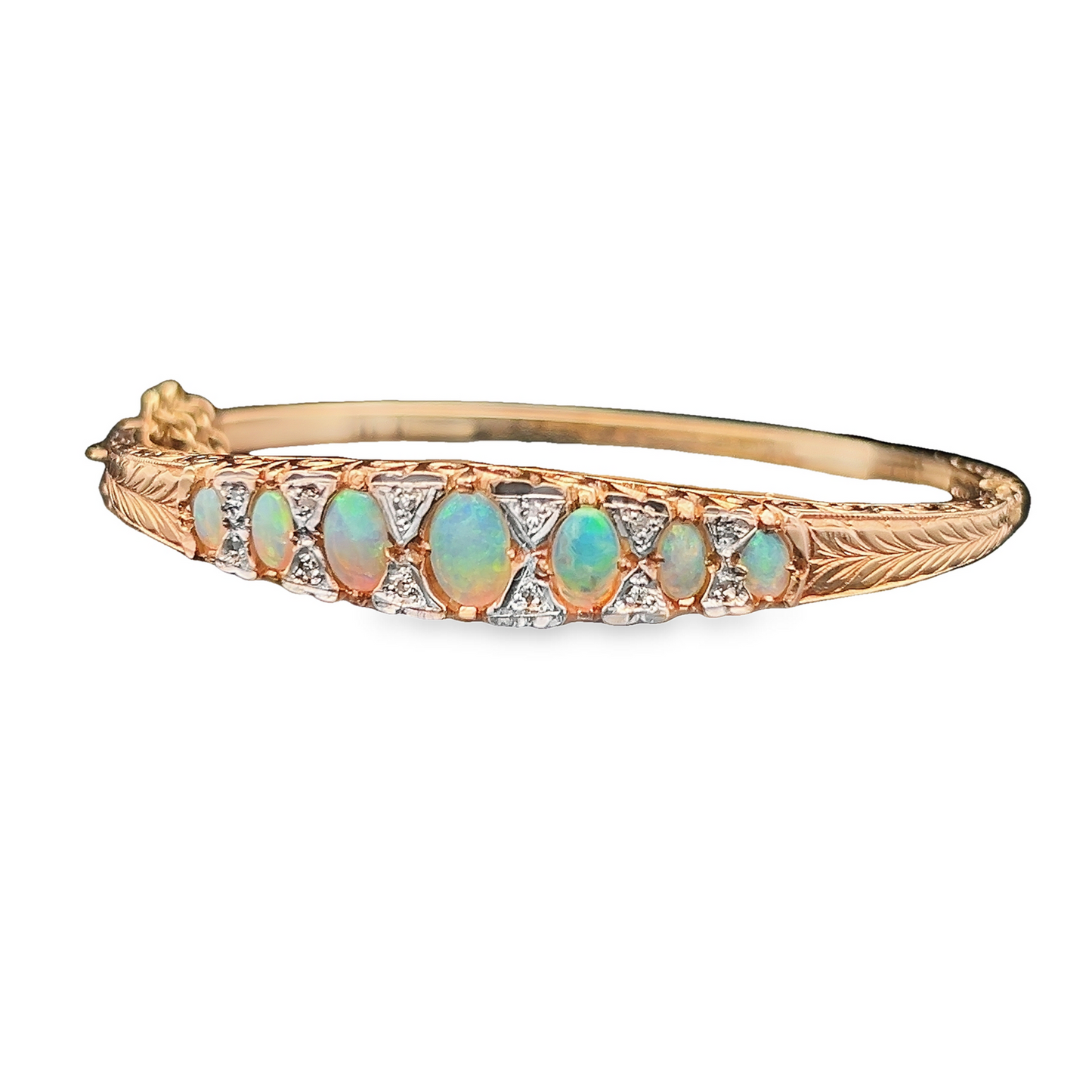 Vintage 9ct Gold Victorian Style Opal & Diamond Carved Bangle