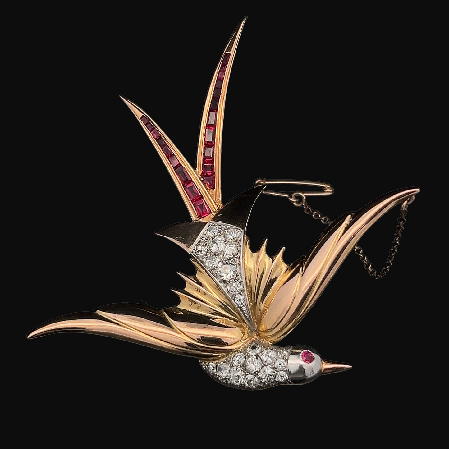 Large Vintage Diamond and Ruby 18ct Yellow and White Gold Bird of Paradise Brooch