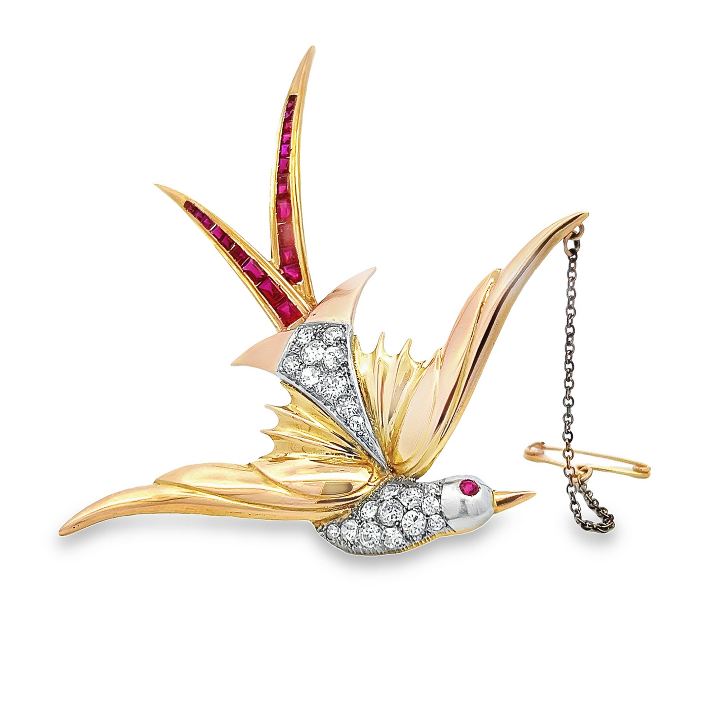 Large Vintage Diamond and Ruby 18ct Yellow and White Gold Bird of Paradise Brooch