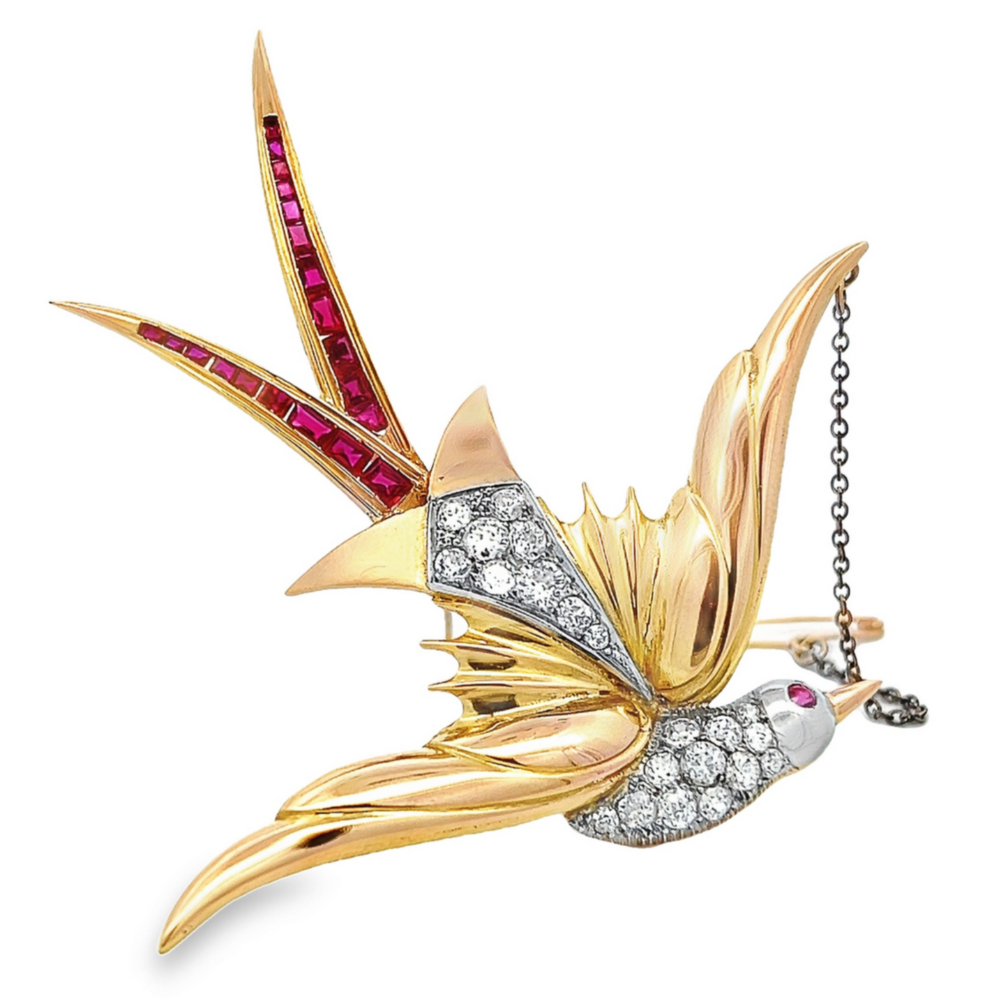 Large Vintage Diamond and Ruby 18ct Yellow and White Gold Bird of Paradise Brooch