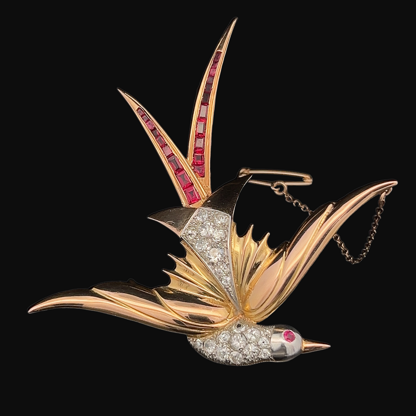 Large Vintage Diamond and Ruby 18ct Yellow and White Gold Bird of Paradise Brooch
