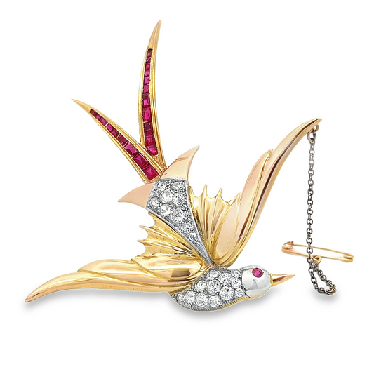 Large Vintage Diamond and Ruby 18ct Yellow and White Gold Bird of Paradise Brooch