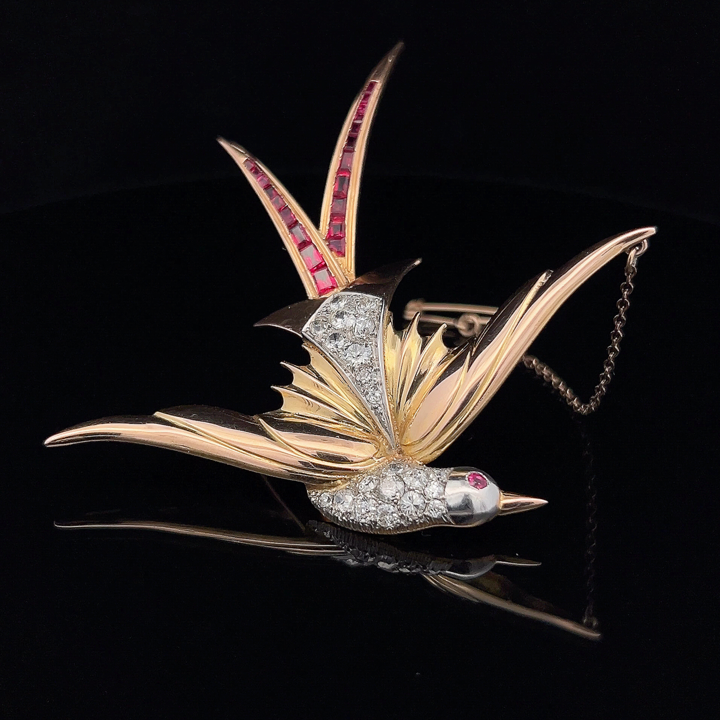 Large Vintage Diamond and Ruby 18ct Yellow and White Gold Bird of Paradise Brooch