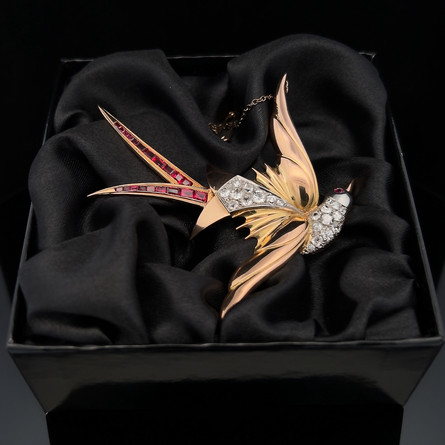 Large Vintage Diamond and Ruby 18ct Yellow and White Gold Bird of Paradise Brooch