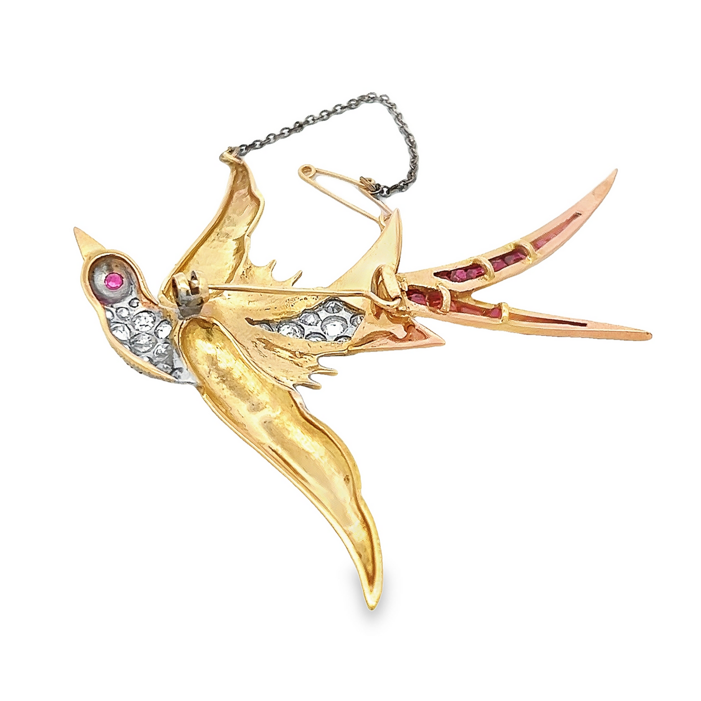 Large Vintage Diamond and Ruby 18ct Yellow and White Gold Bird of Paradise Brooch