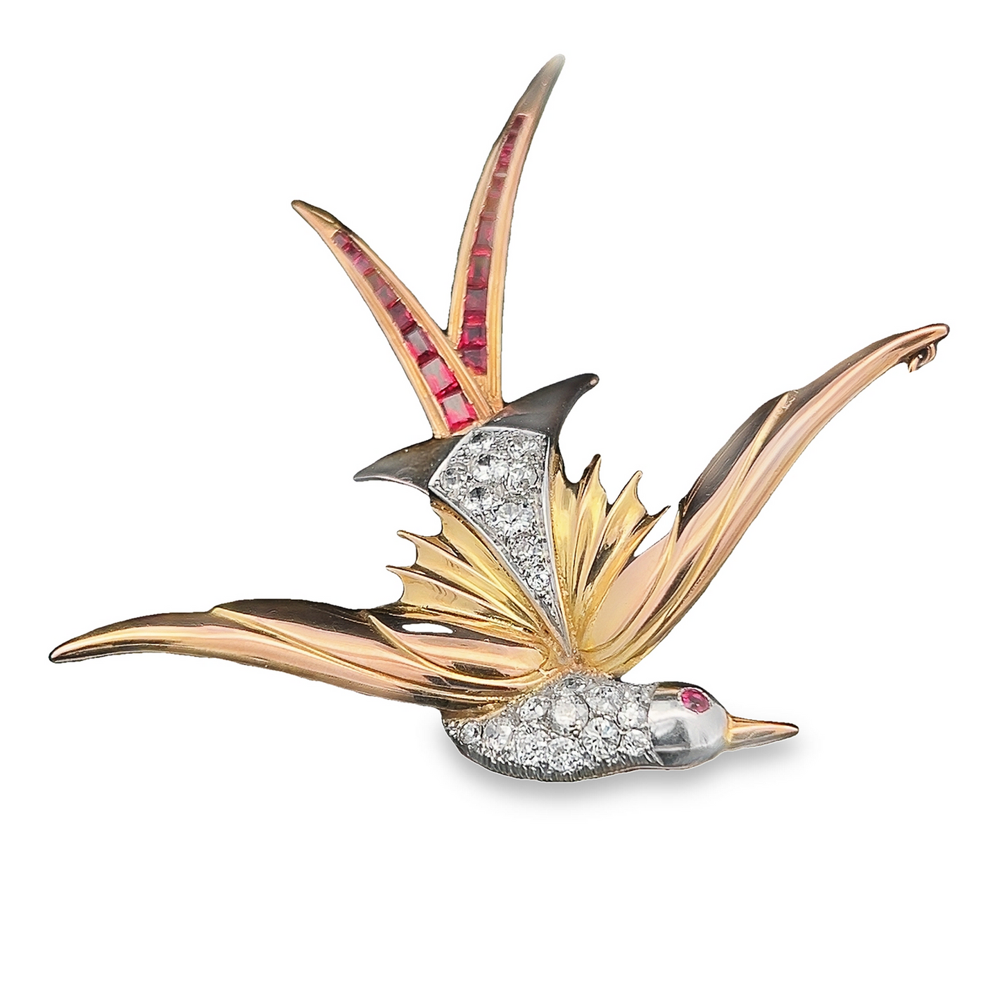 Large Vintage Diamond and Ruby 18ct Yellow and White Gold Bird of Paradise Brooch