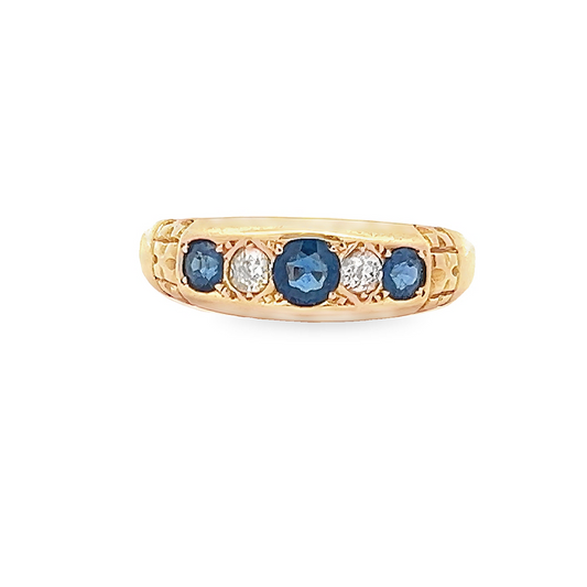 Antique Edwardian Five Stone Sapphire and Diamond 18ct Gold Gypsy Ring