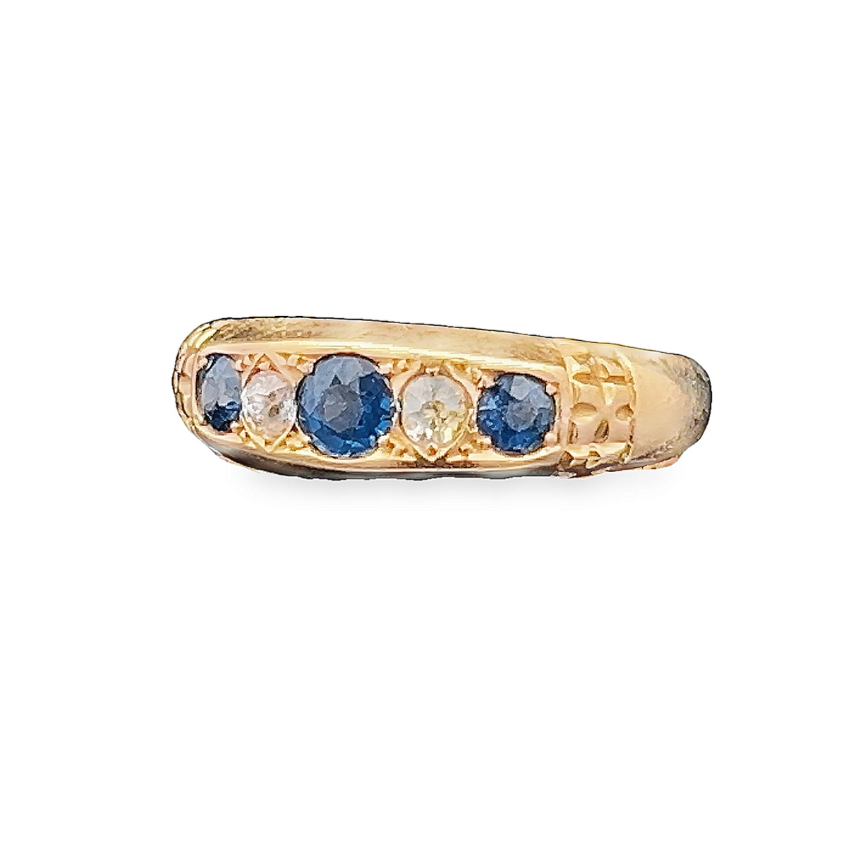 Antique Edwardian Five Stone Sapphire and Diamond 18ct Gold Gypsy Ring