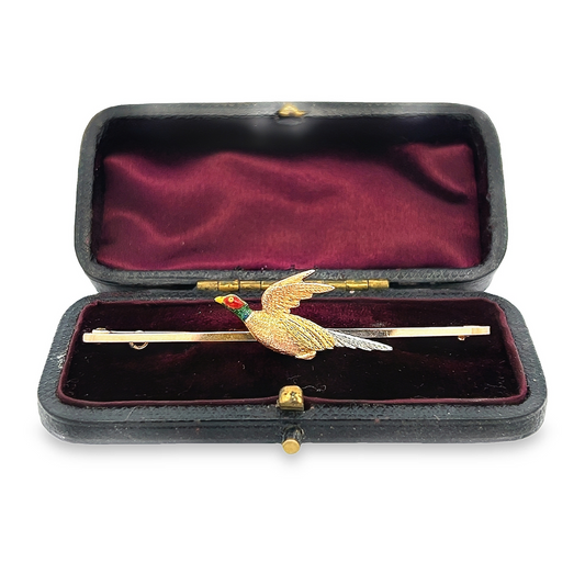 Antique Edwardian 15ct Gold & Platinum, Flying Pheasant Bar Brooch with Enamelled Head and Original Box
