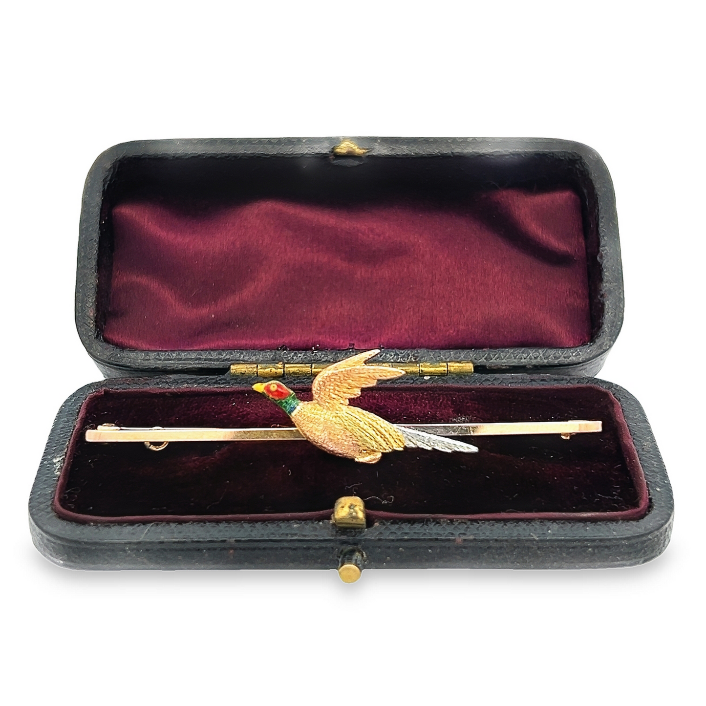 Antique Edwardian 15ct Gold & Platinum, Flying Pheasant Bar Brooch with Enamelled Head and Original Box